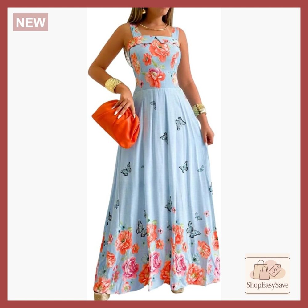 Floral Butterfly Print Linen Maxi Dress Square Neck Shirred Bodice Boho